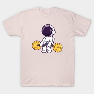 Cute Astronaut Lifting Moon Barbell Cartoon T-Shirt